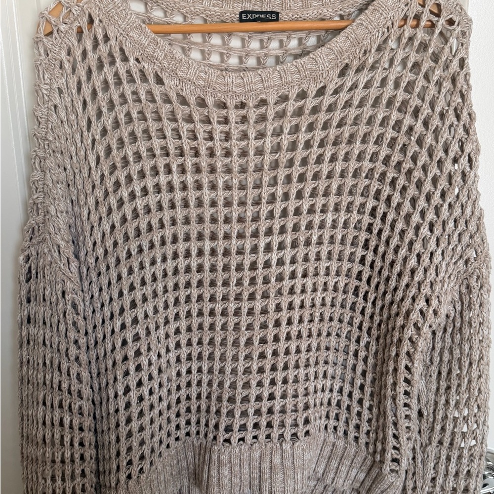 Express Open Knit Scoop Crewneck Sweater in Taupe